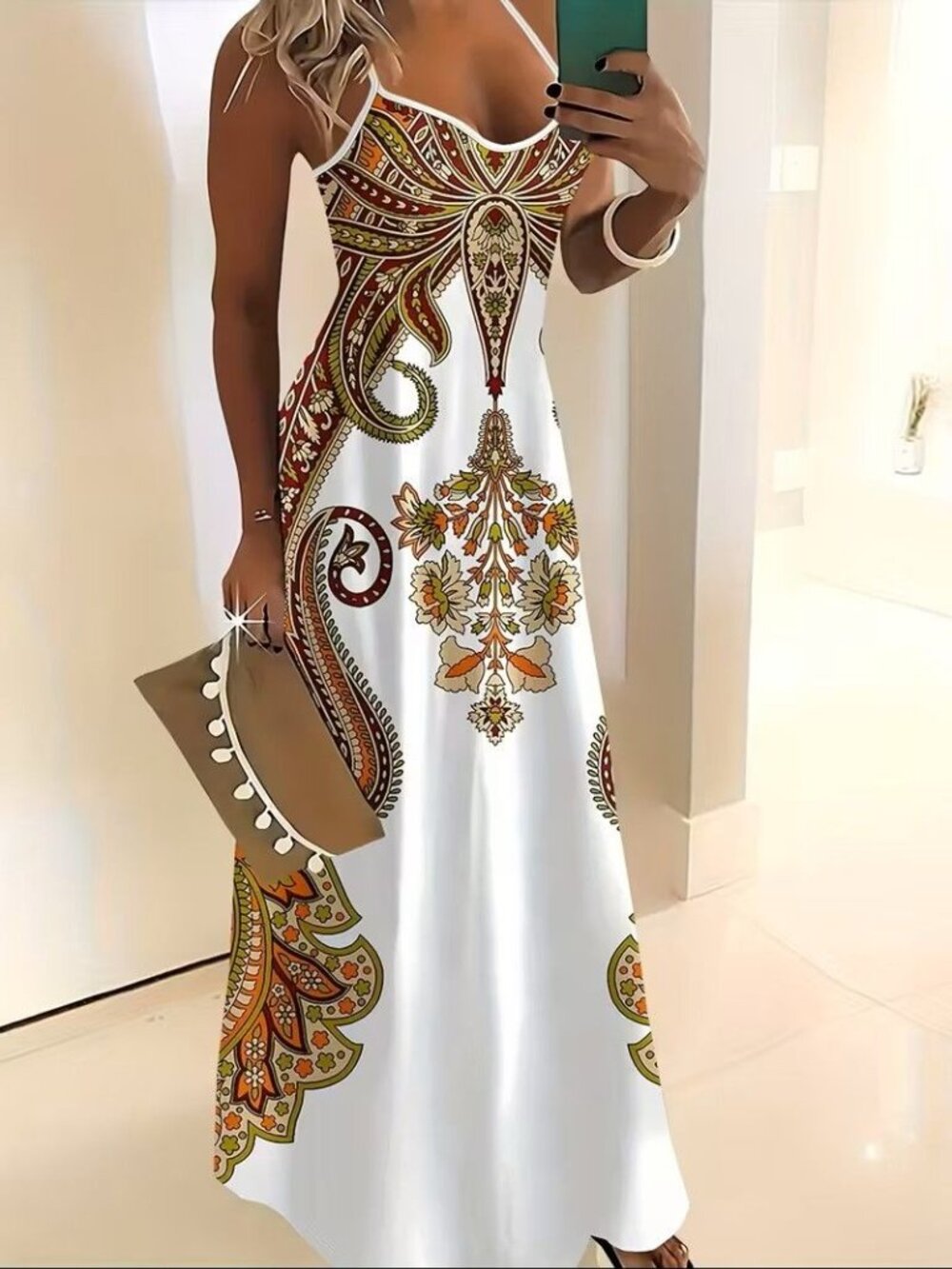 Boho Paisley Maxi Womens Bodycon Spaghetti Strap Resort Summer Dress - Picture 3 of 6